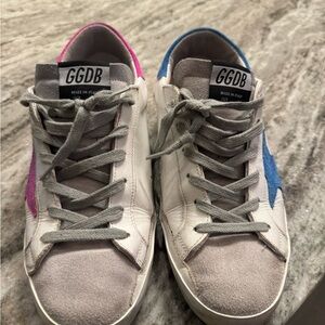 Golden Goose White Leather Sneakers with Pink & Blue Star Details